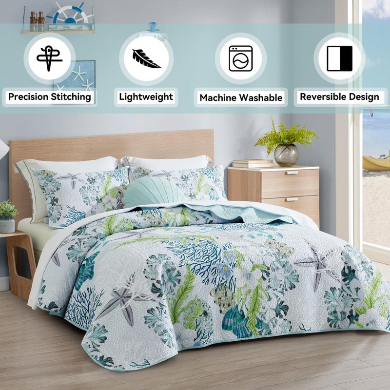 Tritard 3 Piece Coastal Beach Quilt Set Full/Queen Size Ocean Beach Themed Bedding Set Microfiber Lightweight Bedspread Coverlet with 2 Shams Starfish Coral Bed Covers for All Season  90''x96'' - Image 2